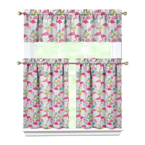 Kitchen Curtains 36 Inch Short - 3 Panel Set, Flamingo Tropical Bird Print, Rod Pocket Window Curtain, 100% Polyester for Hawaiian Summer Beach Decor, Easy Wash