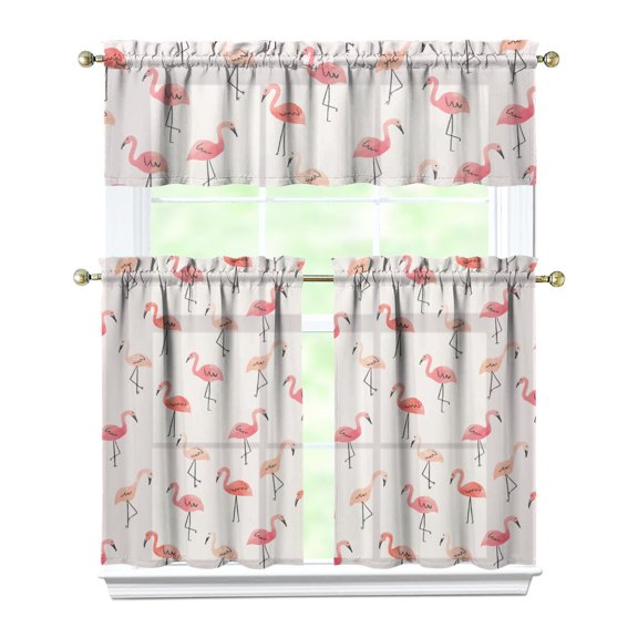 Kitchen Curtains 36 Inch Short - 3 Panel Set, Flamingo Tropical Bird Print, Rod Pocket Window Curtain, 100% Polyester for Hawaiian Summer Beach Decor, Easy Wash