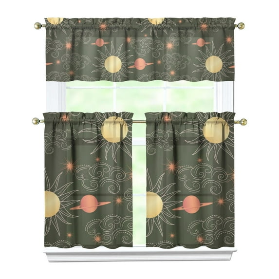 Kitchen Curtains 36 Inch Short - 3 Panel Set, Gothic Celestial Sun and Moon Print, Mystical Starry Night Astrology Aesthetic, Rod Pocket Window Curtain, Easy Wash
