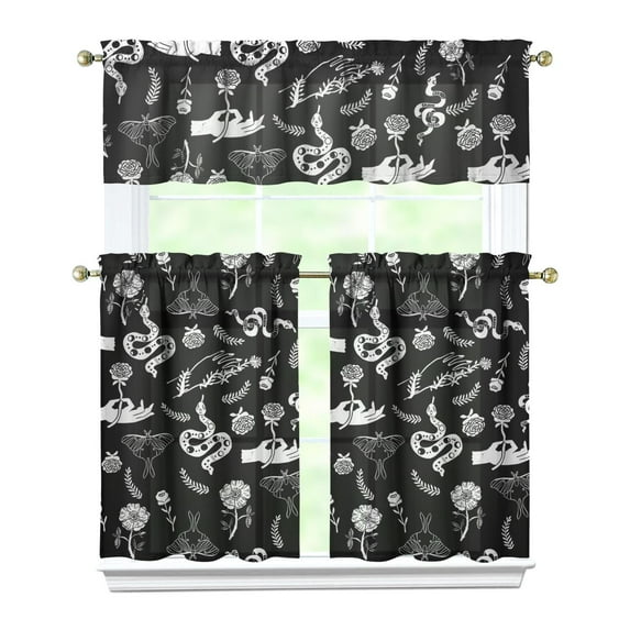 Kitchen Curtains 36 Inch Short - 3 Panel Set, Gothic Celestial Sun and Moon Print, Mystical Starry Night Astrology Aesthetic, Rod Pocket Window Curtain, Easy Wash