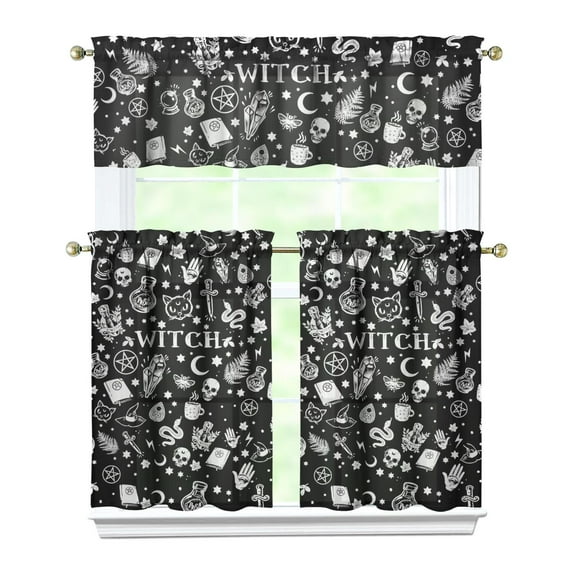 Kitchen Curtains 36 Inch Short - 3 Panel Set, Gothic Celestial Sun and Moon Print, Mystical Starry Night Astrology Aesthetic, Rod Pocket Window Curtain, Easy Wash