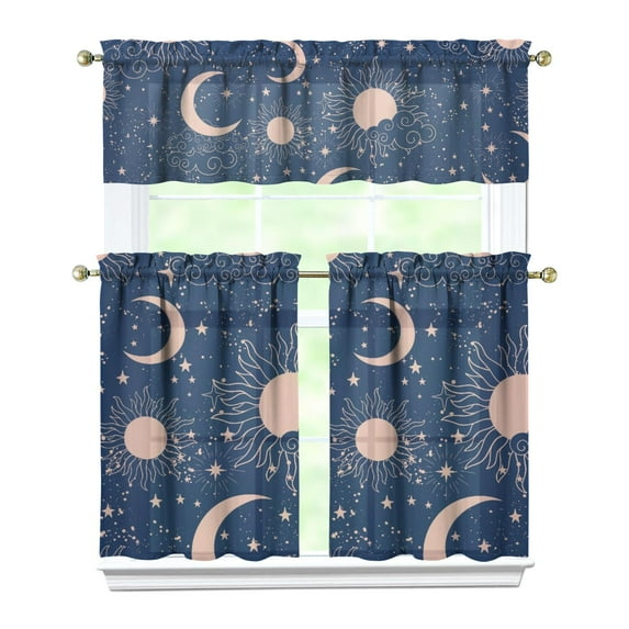 Kitchen Curtains 36 Inch Short - 3 Panel Set, Gothic Celestial Sun and Moon Print, Mystical Starry Night Astrology Aesthetic, Rod Pocket Window Curtain, Easy Wash
