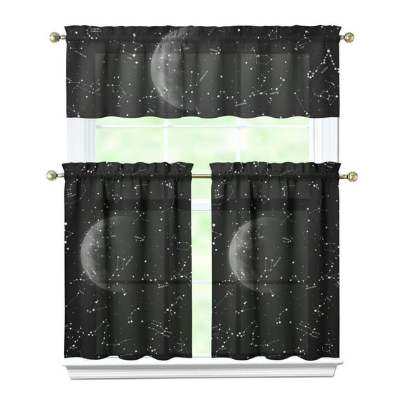 Kitchen Curtains 36 Inch Short - 3 Panel Set, Gothic Celestial Sun and Moon Print, Mystical Starry Night Astrology Aesthetic, Rod Pocket Window Curtain, Easy Wash