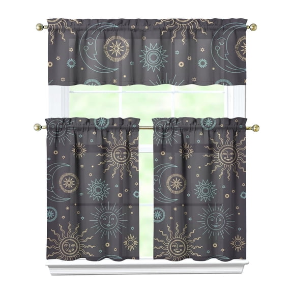 Kitchen Curtains 36 Inch Short - 3 Panel Set, Gothic Celestial Sun and Moon Print, Mystical Starry Night Astrology Aesthetic, Rod Pocket Window Curtain, Easy Wash