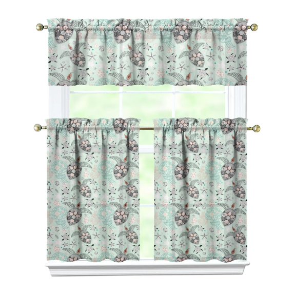 Kitchen Curtains 36 Inch Short - 3 Panel Set, Hawaiian Sea Turtle Ocean Design, Tropical Underwater Marine Life Print, Rod Pocket Window Curtain, Easy Wash