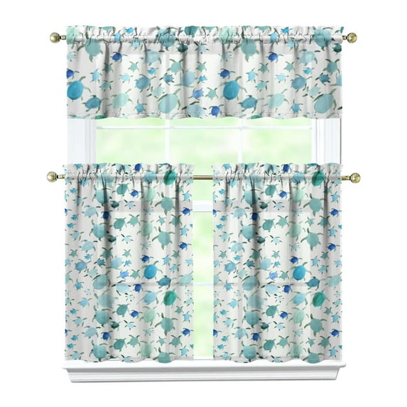 Kitchen Curtains 36 Inch Short - 3 Panel Set, Hawaiian Sea Turtle Ocean Design, Tropical Underwater Marine Life Print, Rod Pocket Window Curtain, Easy Wash