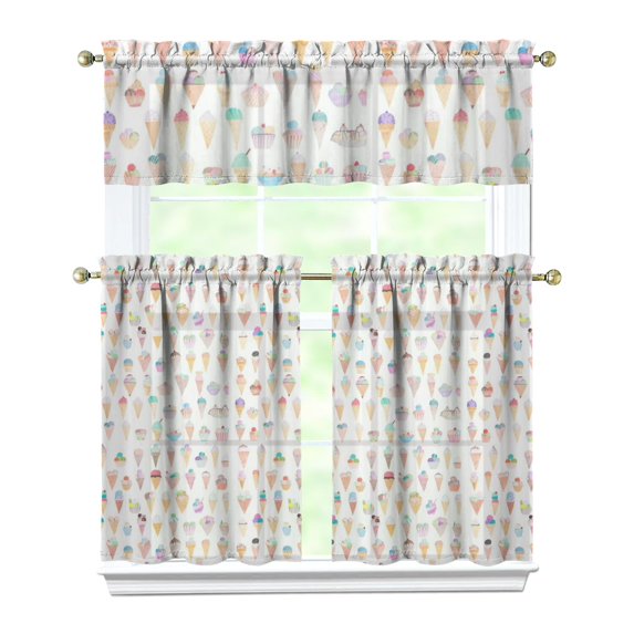 Kitchen Curtains 36 Inch Short - 3 Panel Set, Ice Cream Dessert Pattern, Rod Pocket Window Curtain, 100% Polyester for Farmhouse, Cafe, Kitchen, Living Room, Bedroom, Easy Wash