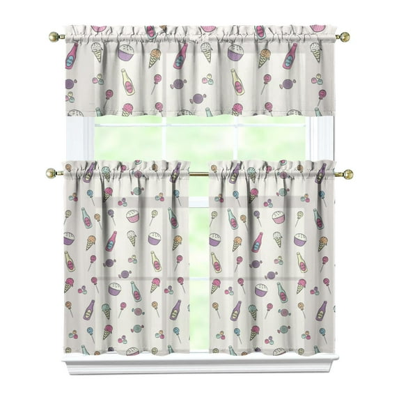 Kitchen Curtains 36 Inch Short - 3 Panel Set, Ice Cream Dessert Pattern, Rod Pocket Window Curtain, 100% Polyester for Farmhouse, Cafe, Kitchen, Living Room, Bedroom, Easy Wash