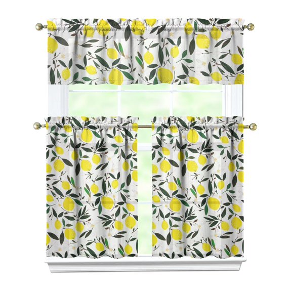 Kitchen Curtains 36 Inch Short - 3 Panel Set Lemon Print, Rod Pocket Window Curtains 100% Polyester, Cute Fruit Valance for Farmhouse, Cafe, Living Room, Bedroom, Easy Wash