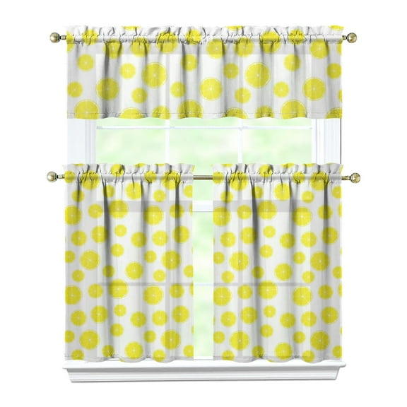 Kitchen Curtains 36 Inch Short - 3 Panel Set Lemon Print, Rod Pocket Window Curtains 100% Polyester, Cute Fruit Valance for Farmhouse, Cafe, Living Room, Bedroom, Easy Wash
