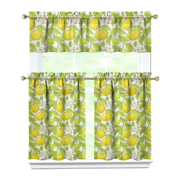 Kitchen Curtains 36 Inch Short - 3 Panel Set Lemon Print, Rod Pocket Window Curtains 100% Polyester, Cute Fruit Valance for Farmhouse, Cafe, Living Room, Bedroom, Easy Wash