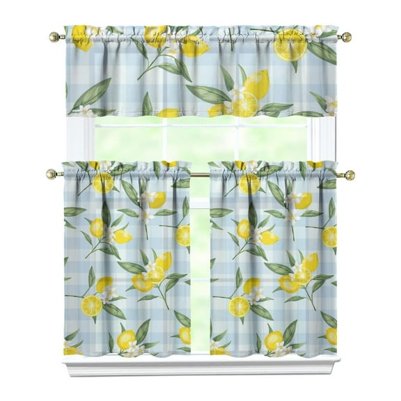 Kitchen Curtains 36 Inch Short - 3 Panel Set Lemon Print, Rod Pocket Window Curtains 100% Polyester, Cute Fruit Valance for Farmhouse, Cafe, Living Room, Bedroom, Easy Wash