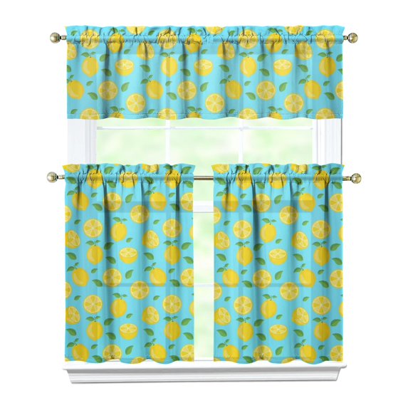 Kitchen Curtains 36 Inch Short - 3 Panel Set Lemon Print, Rod Pocket Window Curtains 100% Polyester, Cute Fruit Valance for Farmhouse, Cafe, Living Room, Bedroom, Easy Wash