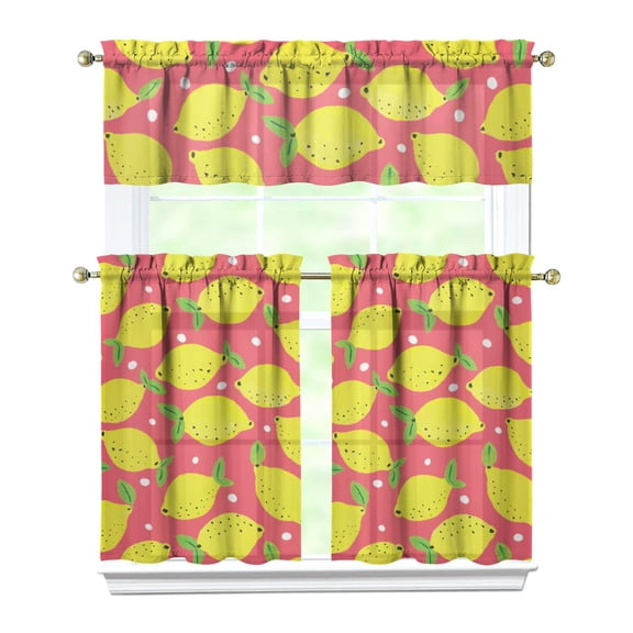 Kitchen Curtains 36 Inch Short - 3 Panel Set Lemon Print, Rod Pocket Window Curtains 100% Polyester, Cute Fruit Valance for Farmhouse, Cafe, Living Room, Bedroom, Easy Wash