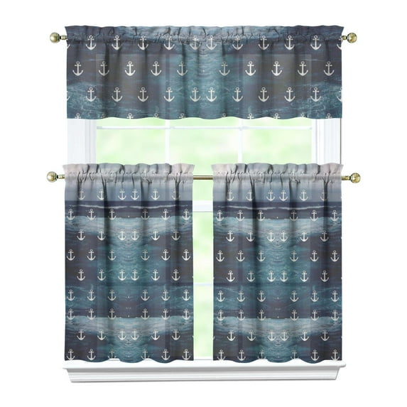 Kitchen Curtains 36 Inch Short - 3 Panel Set, Nautical Anchor Lighthouse Coastal Design, Rod Pocket Window Curtain for Beach House, Marine Ocean Wave Pattern, Easy Wash