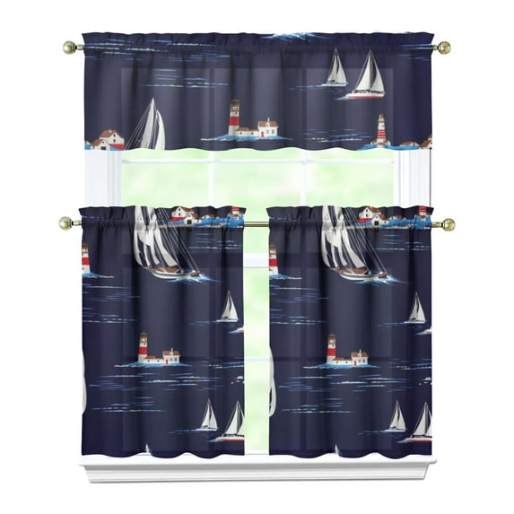 Kitchen Curtains 36 Inch Short - 3 Panel Set, Nautical Anchor Lighthouse Coastal Design, Rod Pocket Window Curtain for Beach House, Marine Ocean Wave Pattern, Easy Wash