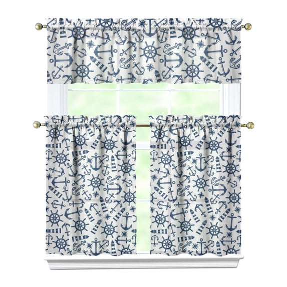 Kitchen Curtains 36 Inch Short - 3 Panel Set, Nautical Anchor Lighthouse Coastal Design, Rod Pocket Window Curtain for Beach House, Marine Ocean Wave Pattern, Easy Wash