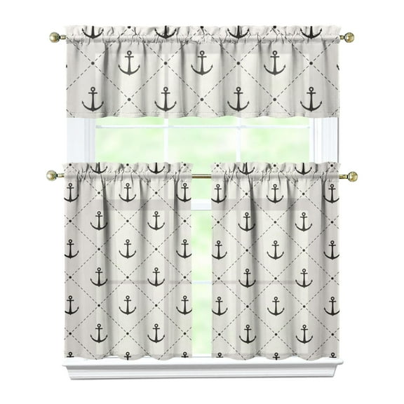 Kitchen Curtains 36 Inch Short - 3 Panel Set, Nautical Anchor Lighthouse Coastal Design, Rod Pocket Window Curtain for Beach House, Marine Ocean Wave Pattern, Easy Wash