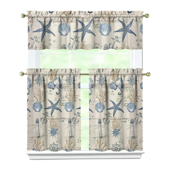 Kitchen Curtains 36 Inch Short - 3 Panel Set, Nautical Starfish Beach Seashell Mermaid Theme, Rod Pocket Window Curtain for Tropical Farmhouse, Easy Wash
