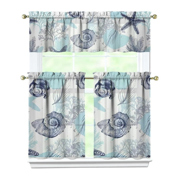 Kitchen Curtains 36 Inch Short - 3 Panel Set, Nautical Starfish Beach Seashell Mermaid Theme, Rod Pocket Window Curtain for Tropical Farmhouse, Easy Wash