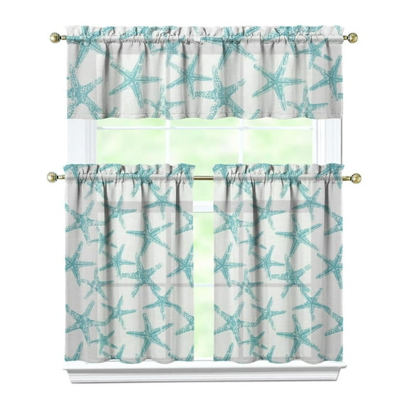 Kitchen Curtains 36 Inch Short - 3 Panel Set, Nautical Starfish Beach Seashell Mermaid Theme, Rod Pocket Window Curtain for Tropical Farmhouse, Easy Wash
