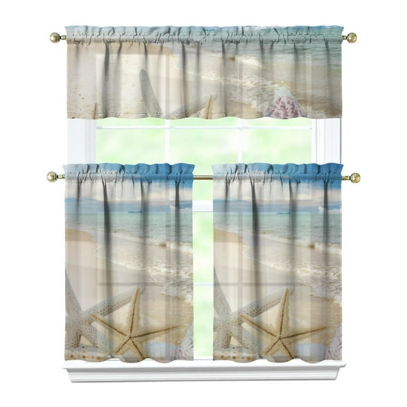 Kitchen Curtains 36 Inch Short - 3 Panel Set, Nautical Starfish Beach Seashell Mermaid Theme, Rod Pocket Window Curtain for Tropical Farmhouse, Easy Wash
