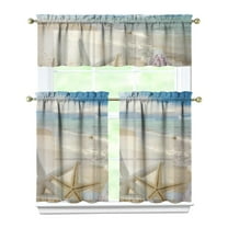 Kitchen Curtains 36 Inch Short - 3 Panel Set, Nautical Starfish Beach Seashell Mermaid Theme, Rod Pocket Window Curtain for Tropical Farmhouse, Easy Wash