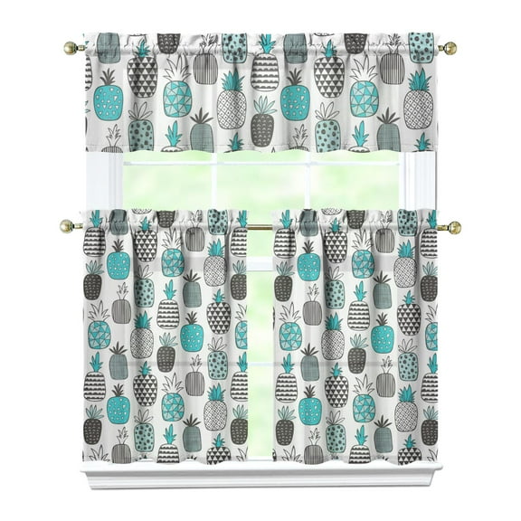 Kitchen Curtains 36 Inch Short - 3 Panel Set Pineapple Print, Rod Pocket Window Curtains 100% Polyester, Tropical Fruit Valance for Farmhouse, Cafe, Living Room, Bedroom, Easy Wash