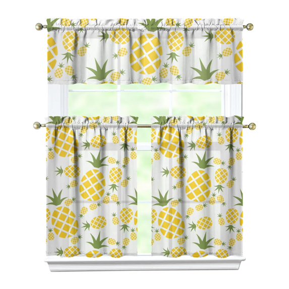 Kitchen Curtains 36 Inch Short - 3 Panel Set Pineapple Print, Rod Pocket Window Curtains 100% Polyester, Tropical Fruit Valance for Farmhouse, Cafe, Living Room, Bedroom, Easy Wash
