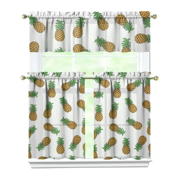 Kitchen Curtains 36 Inch Short - 3 Panel Set Pineapple Print, Rod Pocket Window Curtains 100% Polyester, Tropical Fruit Valance for Farmhouse, Cafe, Living Room, Bedroom, Easy Wash