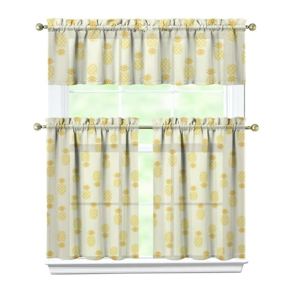 Kitchen Curtains 36 Inch Short - 3 Panel Set Pineapple Print, Rod Pocket Window Curtains 100% Polyester, Tropical Fruit Valance for Farmhouse, Cafe, Living Room, Bedroom, Easy Wash