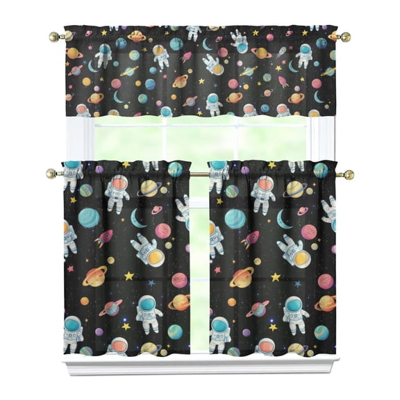 Kitchen Curtains 36 Inch Short - 3 Panel Set, Rod Pocket Window Curtain, 100% Polyester for Farmhouse, Cafe, Kitchen, Living Room, Bedroom, Galaxy & Space-Themed Design, Easy Wash