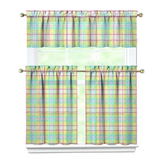 Kitchen Curtains 36 Inch Short - 3 Panel Set, Rod Pocket Window Curtain, 100% Polyester for Farmhouse, Cafe, Kitchen, Living Room, Bedroom, Rustic Buffalo Plaid & Geometric Design, Easy Wash