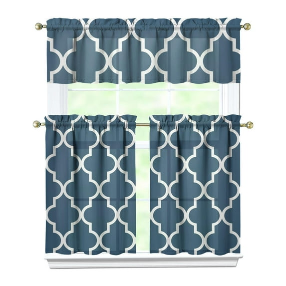 Kitchen Curtains 36 Inch Short - 3 Panel Set, Rod Pocket Window Curtain, 100% Polyester for Farmhouse, Cafe, Kitchen, Living Room, Bedroom, Rustic Buffalo Plaid & Geometric Design, Easy Wash