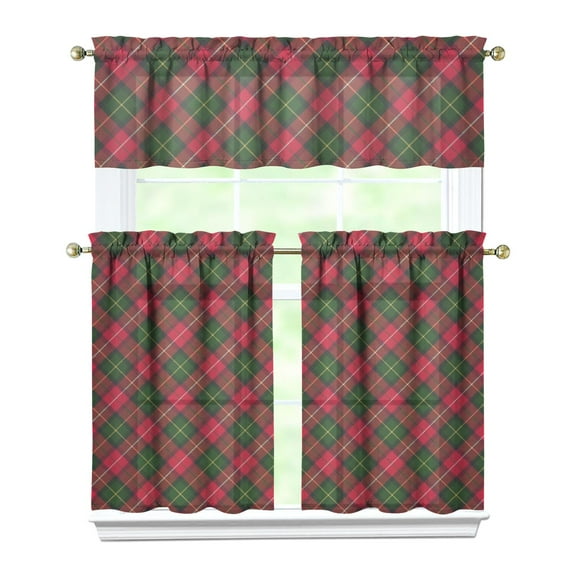 Kitchen Curtains 36 Inch Short - 3 Panel Set, Rod Pocket Window Curtain, 100% Polyester for Farmhouse, Cafe, Kitchen, Living Room, Bedroom, Rustic Buffalo Plaid & Geometric Design, Easy Wash
