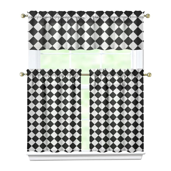 Kitchen Curtains 36 Inch Short - 3 Panel Set, Rod Pocket Window Curtain, 100% Polyester for Farmhouse, Cafe, Kitchen, Living Room, Bedroom, Rustic Buffalo Plaid & Geometric Design, Easy Wash