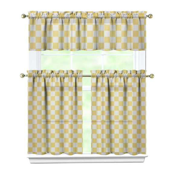 Kitchen Curtains 36 Inch Short - 3 Panel Set, Rod Pocket Window Curtain, 100% Polyester for Farmhouse, Cafe, Kitchen, Living Room, Bedroom, Rustic Buffalo Plaid & Geometric Design, Easy Wash