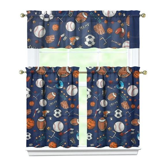 Kitchen Curtains 36 Inch Short - 3 Panel Set, Rod Pocket Window Curtain, 100% Polyester for Farmhouse, Cafe, Kitchen, Living Room, Bedroom, Sports-Themed Design, Easy Wash