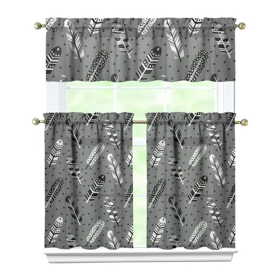 Kitchen Curtains 36 Inch Short - 3 Panel Set, Rod Pocket Window Curtain, Boho Floral Tribal Style, 100% Polyester for Farmhouse, Kitchen, Cafe, Bedroom, Easy Wash