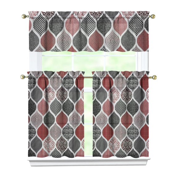 Kitchen Curtains 36 Inch Short - 3 Panel Set, Rod Pocket Window Curtain, Boho Floral Tribal Style, 100% Polyester for Farmhouse, Kitchen, Cafe, Bedroom, Easy Wash