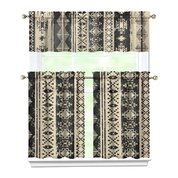 Kitchen Curtains 36 Inch Short - 3 Panel Set, Rod Pocket Window Curtain, Boho Floral Tribal Style, 100% Polyester for Farmhouse, Kitchen, Cafe, Bedroom, Easy Wash