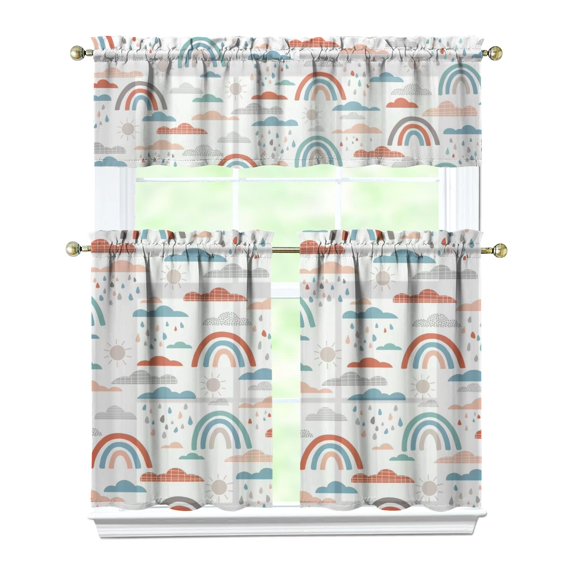 Kitchen Curtains 36 Inch Short - 3 Panel Set, Rod Pocket Window Curtain, Boho Floral Tribal Style, 100% Polyester for Farmhouse, Kitchen, Cafe, Bedroom, Easy Wash