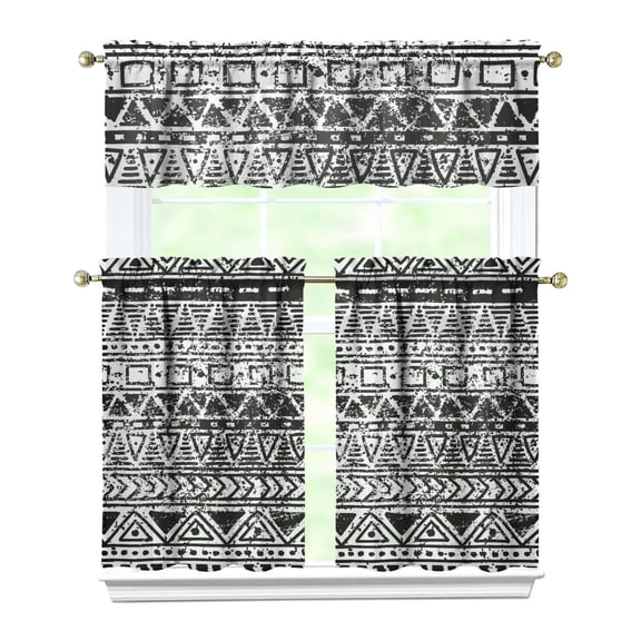 Kitchen Curtains 36 Inch Short - 3 Panel Set, Rod Pocket Window Curtain, Boho Floral Tribal Style, 100% Polyester for Farmhouse, Kitchen, Cafe, Bedroom, Easy Wash