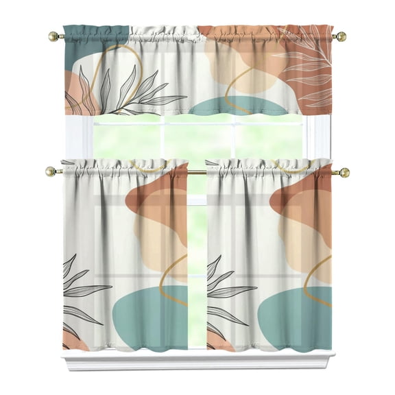 Kitchen Curtains 36 Inch Short - 3 Panel Set, Rod Pocket Window Curtain, Boho Floral Tribal Style, 100% Polyester for Farmhouse, Kitchen, Cafe, Bedroom, Easy Wash