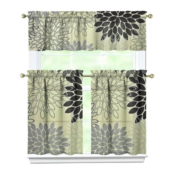 Kitchen Curtains 36 Inch Short - 3 Panel Set, Rod Pocket Window Curtain, Boho Floral Tribal Style, 100% Polyester for Farmhouse, Kitchen, Cafe, Bedroom, Easy Wash