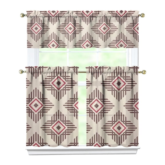 Kitchen Curtains 36 Inch Short - 3 Panel Set, Rod Pocket Window Curtain, Boho Floral Tribal Style, 100% Polyester for Farmhouse, Kitchen, Cafe, Bedroom, Easy Wash