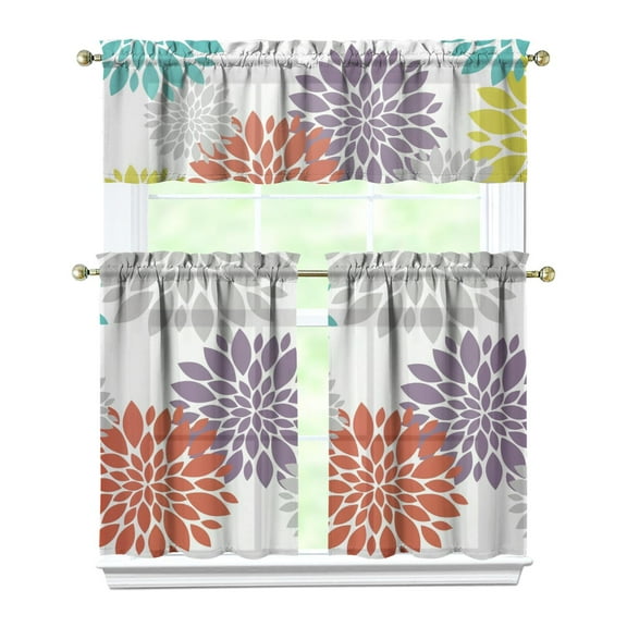 Kitchen Curtains 36 Inch Short - 3 Panel Set, Rod Pocket Window Curtain, Boho Floral Tribal Style, 100% Polyester for Farmhouse, Kitchen, Cafe, Bedroom, Easy Wash