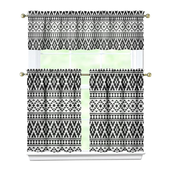 Kitchen Curtains 36 Inch Short - 3 Panel Set, Rod Pocket Window Curtain, Boho Floral Tribal Style, 100% Polyester for Farmhouse, Kitchen, Cafe, Bedroom, Easy Wash