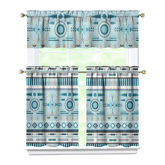 Kitchen Curtains 36 Inch Short - 3 Panel Set, Rod Pocket Window Curtain, Boho Floral Tribal Style, 100% Polyester for Farmhouse, Kitchen, Cafe, Bedroom, Easy Wash