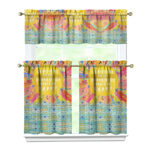 Kitchen Curtains 36 Inch Short - 3 Panel Set, Rod Pocket Window Curtain, Boho Floral Tribal Style, 100% Polyester for Farmhouse, Kitchen, Cafe, Bedroom, Easy Wash